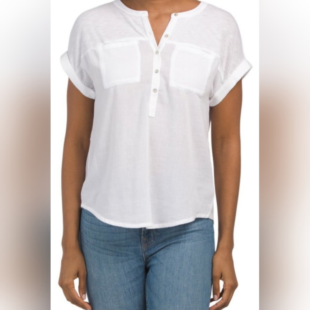 Lucky Brand Women's Stressless Blouse Cotton/Viscose White Henley Neck XL